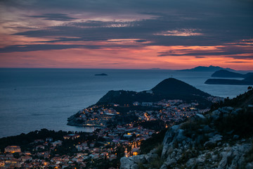 Dubrovnik, Croatia. View on the old town and Dalmatian Coast of Adriatic Sea. at night.