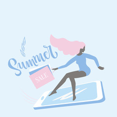 Lettering phrase Summer sale. Pink girl on smartphone in a hurry to sale with shopping bags on blue background. Flat Vector discount banner with surfing female