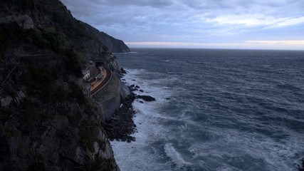 Fototapeta na wymiar Manarola train station above Mediterranean sea, Cinque Terre, transport in Italy