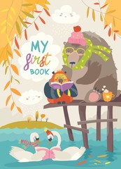 Cute bear ,owl and swans reading books in autumn forest