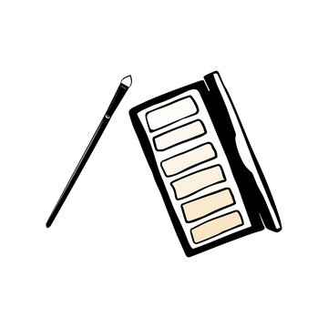 Poster with Hand drawn makeup cosmetics: Hand drawn Set of makeup brush and eyeshadow palette in nude color. Make up collection for art. Perfect for logo, invitation, greeting card, poster