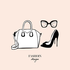 Women's accessories poster. Bag, black high heeled ladies shoes, glasses. Fashion design card on beige background. Drawn Doodle Fashion Accessory. Perfect for logo, poster, print. Vector Illustration