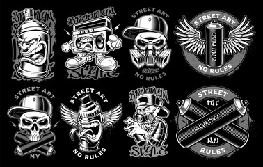Set of black and white logos, badges, stickers of graffiti characters on dark background. Text is on the separate layers.