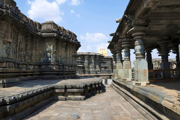 Chennakeshava temple complex, Belur, Karnataka. General view from the South West. From left, Veeranarayana temple, Chennakeshava temple and mandapa of Soumyanayaki temple on the right.