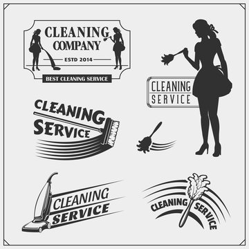 Set of cleaning service emblems with beautiful young maid. Clining badges, labels and design elements. Vintage style.