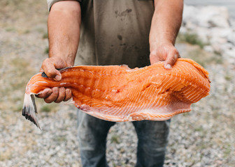 Oiled mans hands holding fish meal
