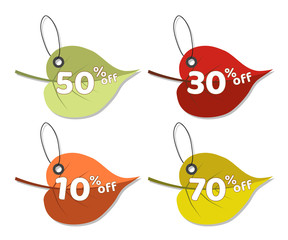 Set of autumn discount tags with colorful leaves. Vector
