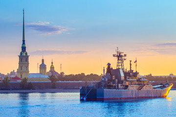 Saint Petersburg. Neva River. Warships in St. Petersburg. Russia. Usteny Petersburg. Peter-Pavel's...