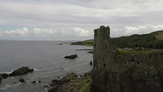 Stunning aerial shot view of Dunure Castle, South Ayrshire, Scotland.