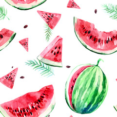 Seamless pattern with watermelon. Watercolor illustration