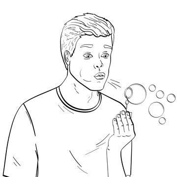 isolated object coloring, black lines, white background. Young guy and soap bubbles. A game for children. Vector, comic style.