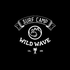 A set of surfing for printing. Wild wave logo, surf point sticker, elements of boards for school surfing.