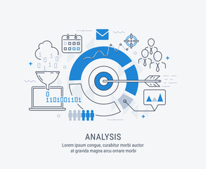 Modern thin line design for analysis website banner. Vector illustration concept for business analysis, market research, product testing, data analysis.