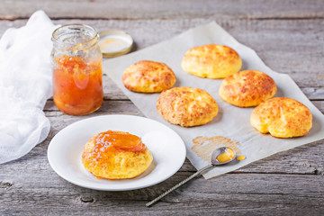 Cottage cheese pancakes baked in the oven. Russian dessert  syrniki with jam. The concept of proper nutrition