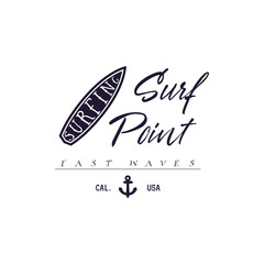 A set of surfing for printing. Wild wave logo, surf point sticker, elements of boards for school surfing.