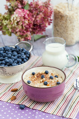 Oatmeal porridge with blueberries, almonds, cinnamon in bowl. Super food for healthy nutritious breakfast