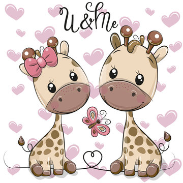 Two Cartoon Giraffes on a hearts background