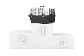 Pet Travel Plastic Cage Carrier Box over White Winners Podium. 3d Rendering