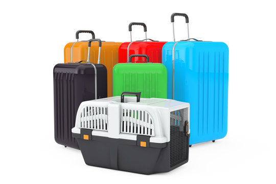 Pet Travel Plastic Cage Carrier Box near Large Multicolour Polycarbonate Suitcases. 3d Rendering