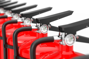 Row of Red Fire Extinguishers extreme closeup. 3d Rendering