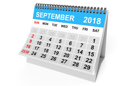 Calendar September 2018. 3d Rendering