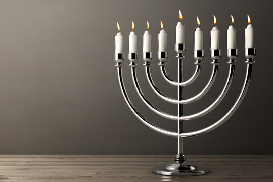 Retro Silver Hanukkah Menorah with Burning Candles. 3d Rendering