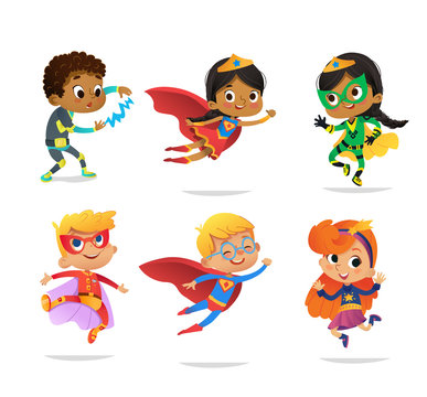 Multiracial Boys and Girls, wearing colorful costumes of various superheroes, isolated on white background. Cartoon vector characters of Kid Superheroes, for party, invitations, web, mascot