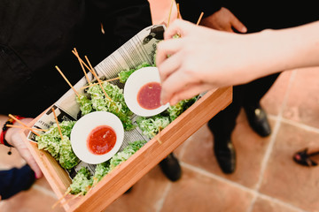 Hot and cold wedding snacks for the guests at the reception