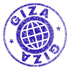 GIZA stamp print with grunge texture. Blue vector rubber seal imprint of GIZA caption with corroded texture. Seal has words placed by circle and globe symbol.