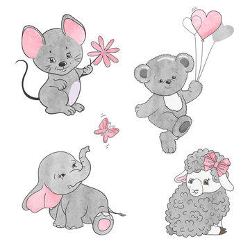 Set of cute little animals. Vector illustration for kids.