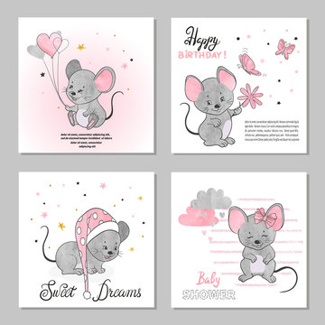 Greeting Birthday cards set with cute little mouse. Vector illustration.