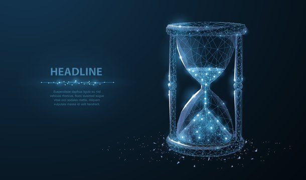 Sandglass. Low poly wireframe sandglass looks like constellation on dark blue background with dots and stars.