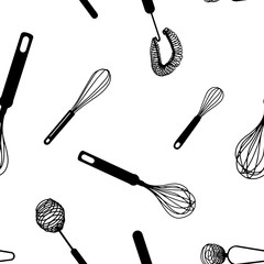 Whisk seamless pattern kitchen utensil. Egg beater illustration