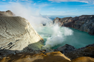 View from Ijen Crater, Sulfur fume at Kawah Ijen, Vocalno in Indenesia