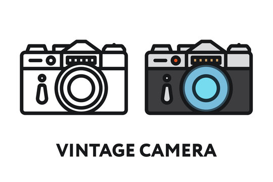 Vintage Antique Photo Film Camera. Photography Equipment Concept. Minimal Color Flat Line Outline Stroke Icon.