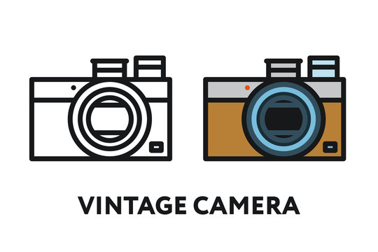 Vintage Antique Photo Film Camera. Photography Equipment Concept. Minimal Color Flat Line Outline Stroke Icon.