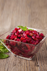 Salad from the beet. Vinegret is a traditional Russian salad made from beets and vegetables. Copy space