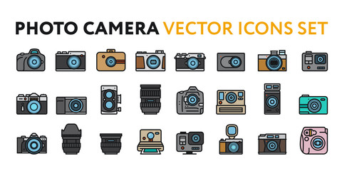 Photo Film Camera Models and Lens. Photography Equipment Concept. Minimal Color Flat Line Outline Stroke Icon Set.