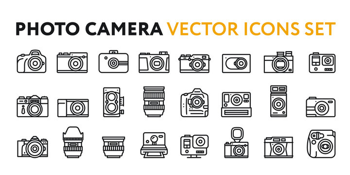 Photo Film Camera Models and Lens. Photography Equipment Concept. Minimal Flat Line Outline Stroke Icon Set.