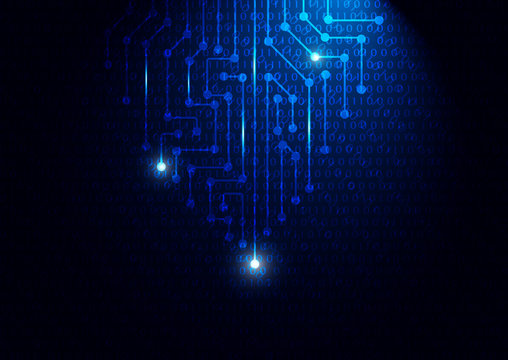 Blue circuit board with binary code, technology concept vector illustration