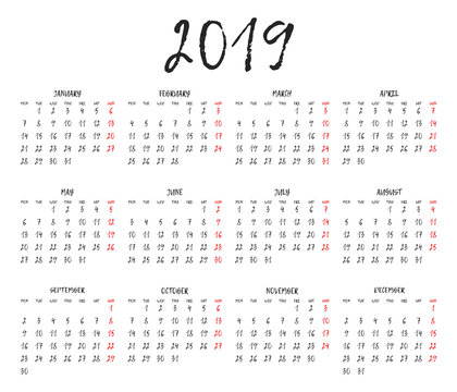 Simple calendar grid for 2019. Calendar template. Week starts monday. Isolated on white background. Vector.
