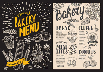 Bakery dessert menu for restaurant on chalkboard background. Design template with food hand-drawn graphic illustrations. Vector food flyer for bar and cafe.