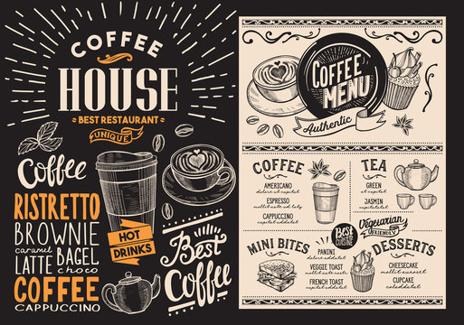 Coffee and beverage restaurant menu. Drink flyer for bar and cafe. Design template with vintage hand-drawn food illustrations.