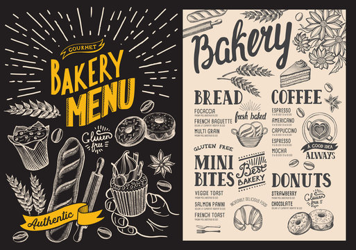 Bakery dessert menu for restaurant on chalkboard background. Design template with food hand-drawn graphic illustrations. Vector food flyer for bar and cafe.