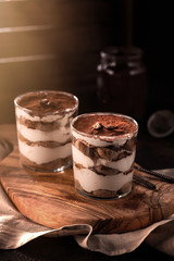 Italian dessert tiramisu in glasses