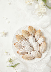 Homemade French cookies (cakes) Madeleine with jasmine tea on white background with fresh syringa floweres.