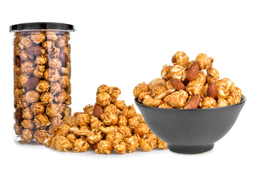 pieces of caramel popcorn on a white background