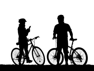 Silhouette couple  and bike relaxing on white  background