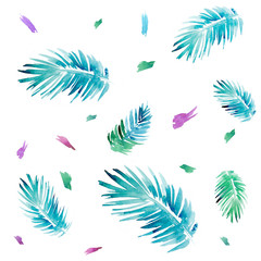 Seamless pattern with palm trees and tropical leaves. Watercolor illustration