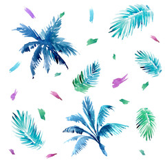 Fototapeta na wymiar Seamless pattern with palm trees and tropical leaves. Watercolor illustration
